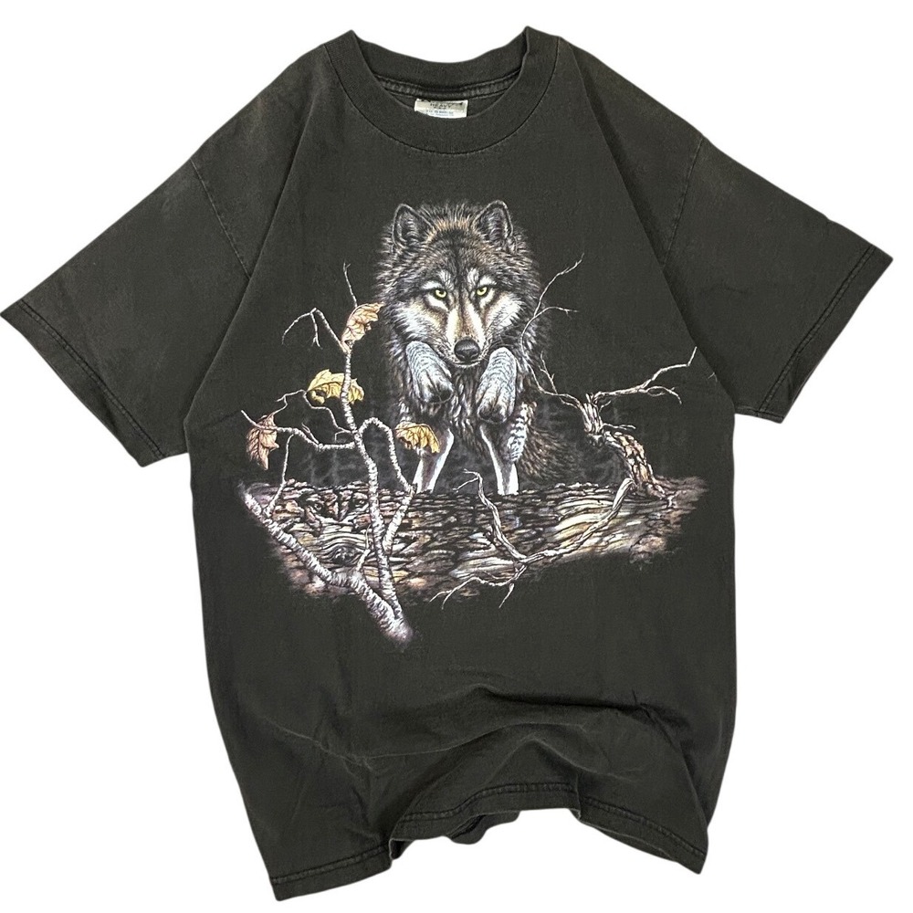Vintage Optima Wolf‎ Graphic T-Shirt Double Sided Faded Black Mens Medium